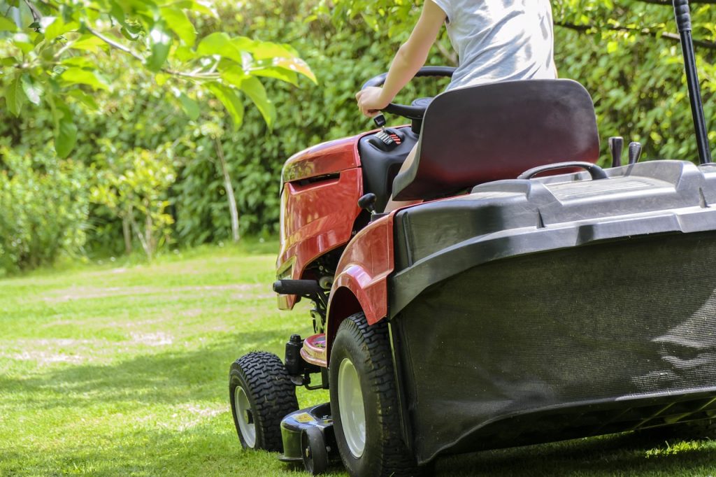 mowing the grass, gardening, lawn, garden, care, lawnmower, tractor, woman mowing, green, summer, relaxation, automation, machine, nature, garden accessories, hobby, grass